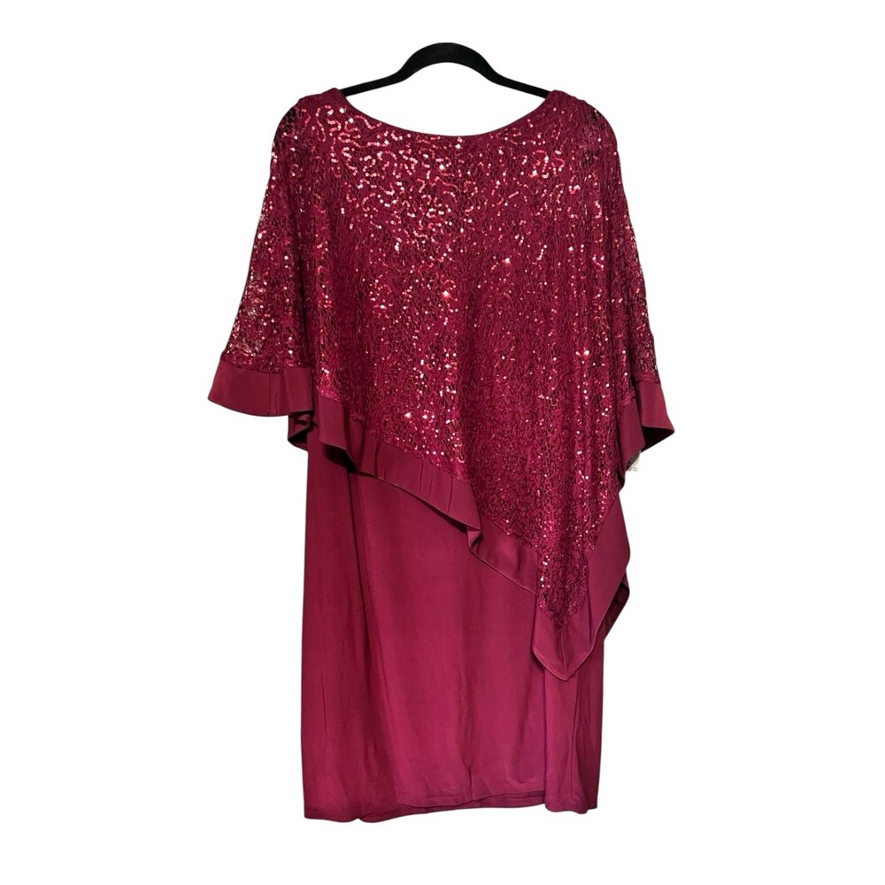 NWT Roz & Ali Dressbarn Burgundy Sequin Lace Poncho Overlay Cocktail Dress 14W